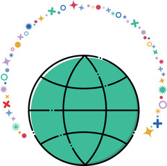 シンプルでフラットな地球のアイコン。世界の地図線のイラスト。.