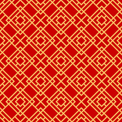 Traditional asian seamless pattern korean, chinese and japanese ornament. Vector oriental ornament in golden red colors, wallpaper textile design elements. Moroccan or islam tile, baroque background