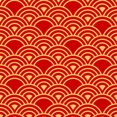 Symmetry tile traditional oriental asian ornament in red and golden colors. Vector japanese, korean or chinese golden coins, asian style seamless pattern. Islamic or moroccan mosaic, arabesque damask