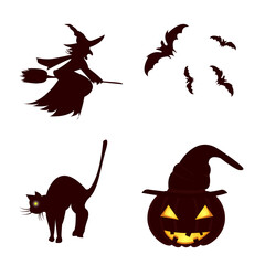 Halloween set, halloween pumpkin silhouette,bat,witch,cat.