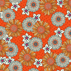 Retro Groovy Orange Floral Vector Seamless Pattern