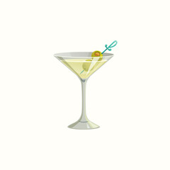 Glass of martini alcohol drink and olive oil on stick isolated realistic icon. Vector classic dry martini with olives, summer refreshing cocktail with toothpick and veggies decoration, vermouth drink
