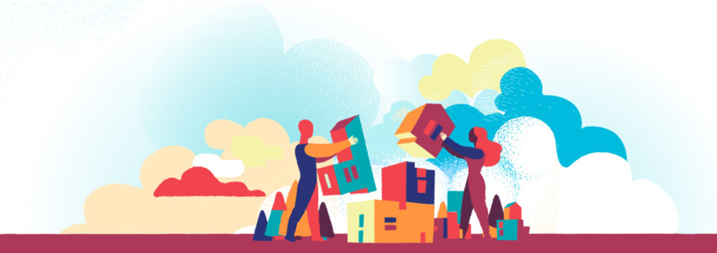 Persone che costruiscono la citt&agrave; con strutture modulari
