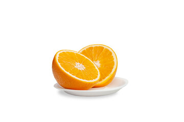 Half cut orange on a saucer isolated on white background