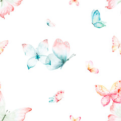 Fototapeta na wymiar Watercolor colorful butterflies, isolated on white background. blue, yellow, pink and red butterfly spring illustration.