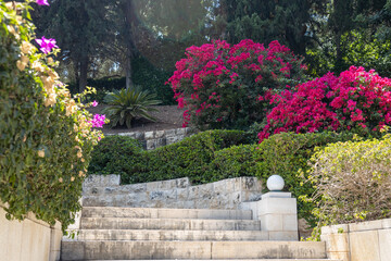 Haifa, Israel, July 12, 2022 : The decorative metal gate at the entrance to the middle terrace of the Bahai Garden, located on Mount Carmel in the city of Haifa, in northern Israel