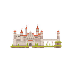 Fairytale castle isolated fantasy fortress of princess. Vector cartoon medieval building, royal kingdom tower with entrance gate, medieval fort of stone. Magic citadel landscape scenery, king palace