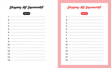 shopping list supermarket white isolated blank. Template for planner, organizer, DIY scrapbooking note pad page. black and white and color with 1-15 numbers and dotted lines. Vector Eps8