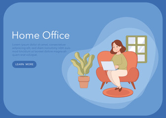 Woman Working at Home Office. Character Sitting on Sofa in Cozy Living Room, Looking at Computer Screen. Remote Work Concept. Flat Cartoon Vector Illustration.
