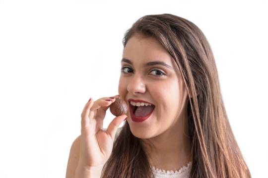 girl eating chocolate with white background