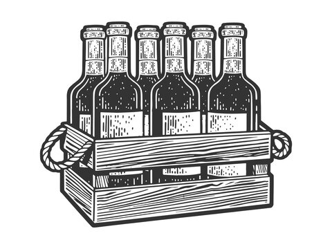 bottles of wine in a wooden box sketch engraving vector illustration. Scratch board imitation. Black and white hand drawn image.