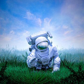 New home world - 3D illustration of science fiction scene with lone astronaut crawling through grass on alien planet under glorious sky