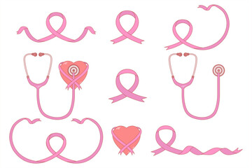 set design line art icon for breast cancer day, ribbon for breast cancer set.