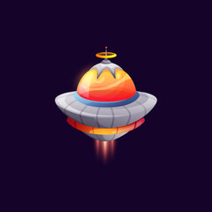 Animated rocketship shuttle, martian invaders spacecraft isolated. Vector intergalactic mystery saucer, alliance transportation spaceship, cartoon glowing toy. Unidentified or unknown flying object