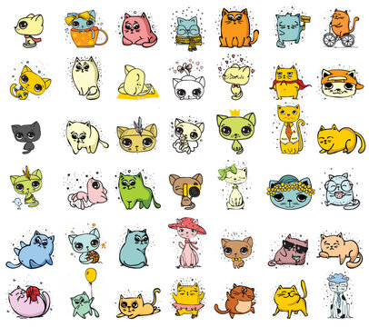 Big set of vector cute funny cats for greeting card design, t-shirt print, inspiration poster.