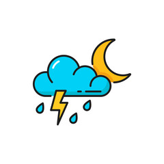 Weather forecast, thunderstorm rain and cloud moon, vector color outline icon. Night weather forecast of rainy cloudy overcast and thunder storm for climate temperature