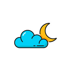 Weather forecast, cloud overcast and moon icon, vector color outline symbol. Night weather forecast of overcast or cloudy climate meteorology, thin line pictogram