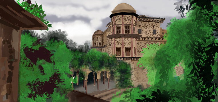 painting of Tijara fort from distance