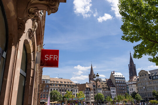 Strasbourg, France - August 08, 2022 : retail store logo SFR, French telephone operator.