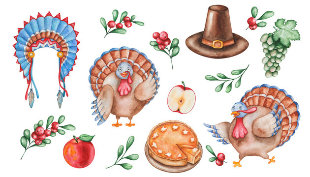 Watercolor illustration of hand painted pilgrim hat, bird turkey, blue indian headdress with feathers, pumpkin pie, cranberry, apple fruits, grape. Isolated clip art for Thanksgiving poster, patterns