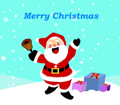 Drawing of Santa Claus at Christmas with bell on his hand and gift box on floor. ,wallpaper, greeting card.