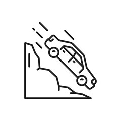 Car accident, collision or damage thin line icon. Car collision, driving safety line sign with vehicle falling from cliff. Automobile traffic violation or damage in disaster outline vector pictogram