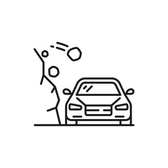 Car damage in rock fall line icon. Car collision, vehicle damage in earthquake natural disaster outline vector sign, automobile insurance risk line pictogram with stones falling from cliff on car