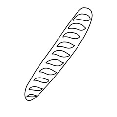 Baguette with incisions in the style of Doodle.Outline drawing by hand.Black and white image.Monochrome.Pastries for Breakfast.Confectionery.Vector illustration