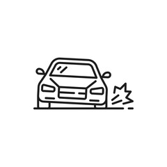 Car damage, collision or road accident thin line icon. Vehicle insurance outline symbol, accident or road crash icon with car tire puncture or wheel breakage. Automobile damage line vector sign