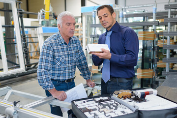 salesman showing sample of pvc window in factory