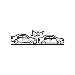 Car collision, damage or accident line icon. Vehicle road collision outline vector sign or automobile damage in traffic violation, road crash symbol with car hit from behind. Driving safety pictogram