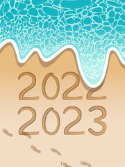 New Year concept vector illustration. Numbers 2022 and 2023 written in sand on beach background with blue ocean wave
