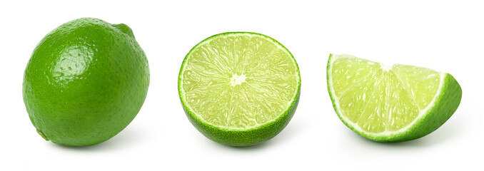 Fresh lime and slice isolated on white background,  half lime, cut out, set