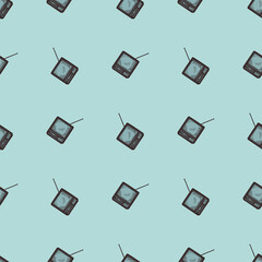 Retro TV with antenna engraved seamless pattern. Vintage television in hand drawn style.
