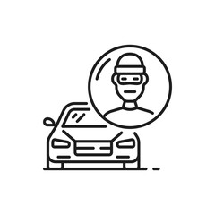 Car security and vehicle theft insurance line icon. Vehicle protection and safety, stolen car insurance cover thin line symbol, outline pictogram or sign with thief in mask