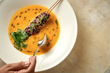 Pumpkin cream soup with meat. Noise added in post-production. Selective Focus.