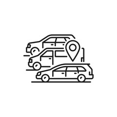 Carpool share service, carpooling or car-sharing, ride-sharing and lift-sharing linear icon. Isolated vector cars and location sign, multiple drive
