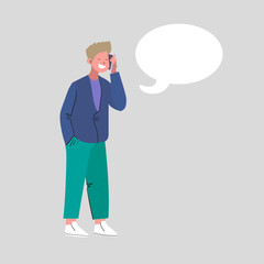 A young guy is talking on the phone. Flat style illustration.
