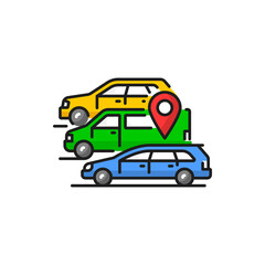 Car share service, carpool, cars and location sign isolated color linear icon. Vector ride-sharing and lift-sharing, multiple drive and share services