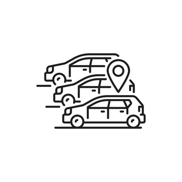 Carpool share service, multiple drive and location sign. Vector carpooling or car-sharing, lift-sharing linear icon. Car location sign on parking