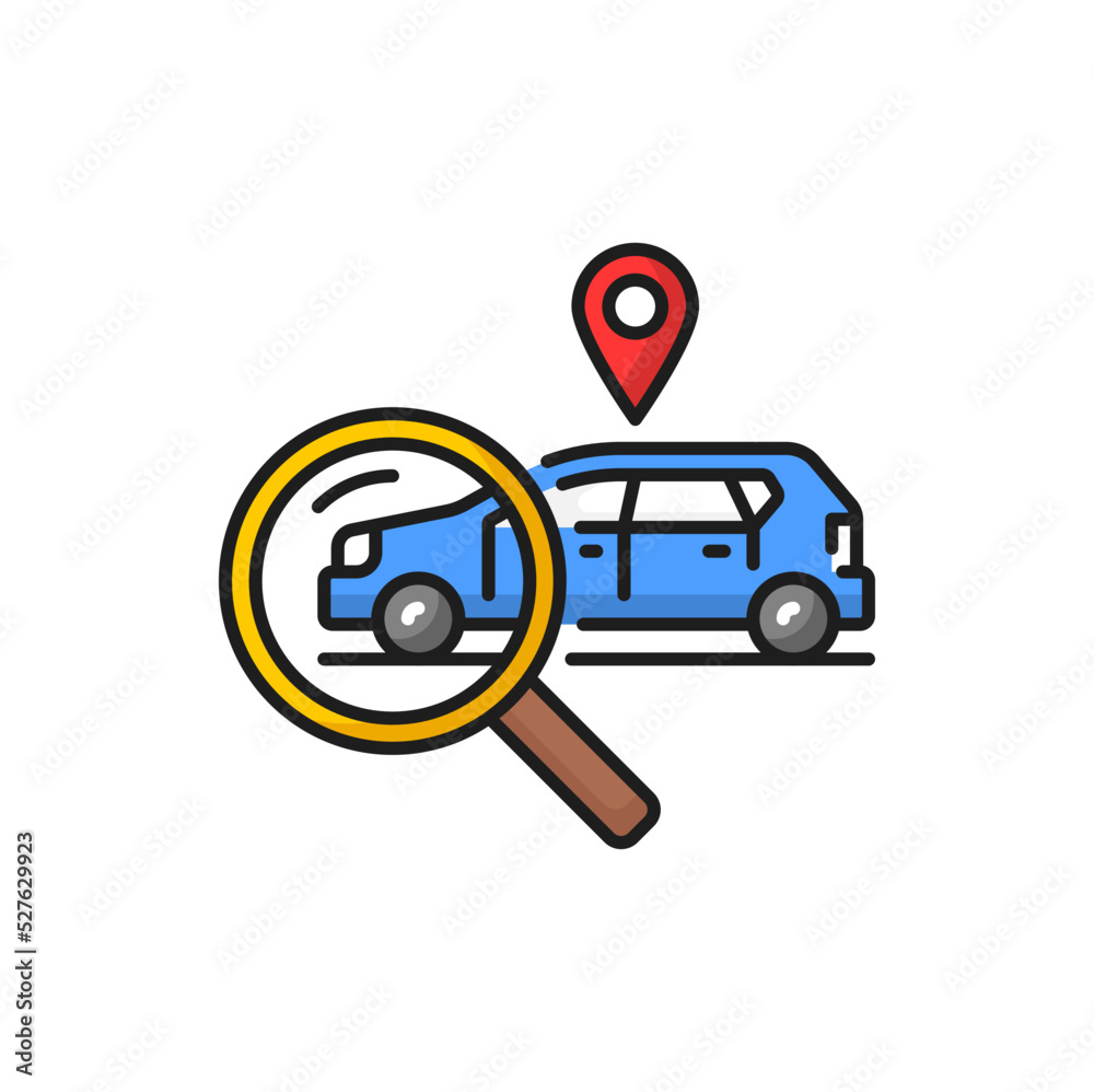 Wall mural car with location mark and magnifier search color icon. vector finder sign and auto on rent, search 