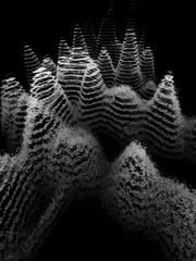 3D illustration exploding surface view shades of grey contour lines on a black background