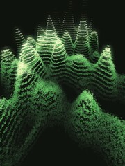 3D illustration exploding surface view shades of green contour lines on a black background