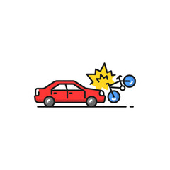 Automobile knocking down bike isolated vector road collision color line icon. Car or traffic accident with car and bicycle, traffic accident