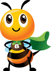 Cartoon cute bee with superhero costume ready to save the world. Cute bee with green cloak protect the natural environment. Public awareness 