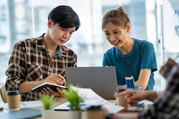 Obraz premium Business team present. Photo professional investor working new startup project. Finance meeting. Digital tablet laptop computer graph chart using, accountant concept