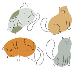 Funny cats in different poses. Simple kittens from spots and lines. Cute animal print. Vector illustration isolated on white background.