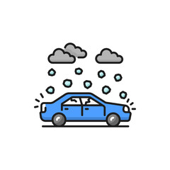 Hail damage isolated insurance and car accident color line icon. Vector hail on car, clouds and falling heavy snow, damaged vehicle - obrazy, fototapety, plakaty