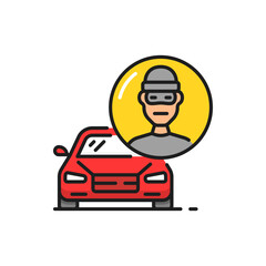 Car thief, isolated auto theft and red vehicle line icon. Automobile insurance outline symbol, burglar or robber portrait , robbery of auto transport