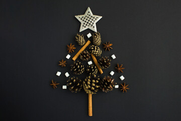 Christmas tree from pine cone, cinnamon, marshmallow and anise on the black background. Flat lay. Top view.